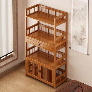 Baizhong tea rack storage rack bamboo non-solid wood tea rack storage cabinet living room small bogu rack tea room multi-layer tea set rack three-layer simple style 50 long
