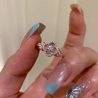 Natural colorful pink mother-of-pearl four-leaf flower sparkling diamond rose k gold ring colorful pink mother-of-pearl four-leaf flower ring single