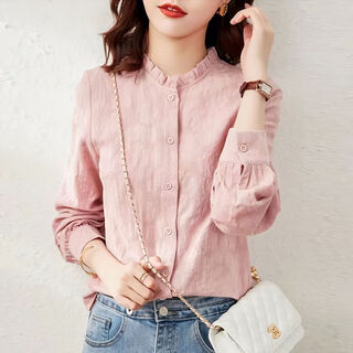 Cotton dark jacquard shirt 2025 spring new style fungus edge stand-up collar long-sleeved style versatile shirt for women spring and autumn pink m