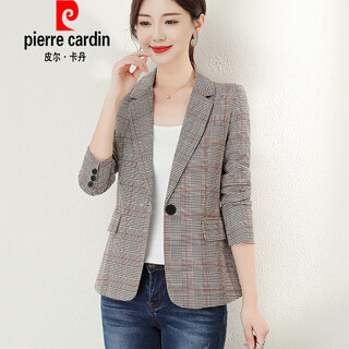 皮尔卡丹（pierre cardin）感春秋新款韩版女小西装短款外套咖色格子小个子韩国休闲修身针织 卡其色 XS 80斤左右