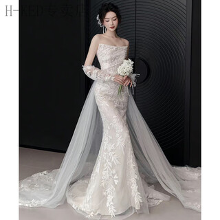 H-ked light wedding dress bridal main yarn high-end french lace tube top fishtail outing yarn temperament tail dress white xl