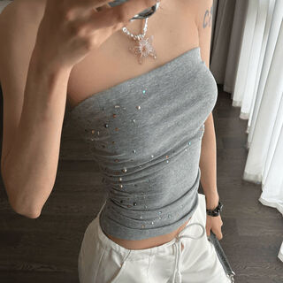 Banffish gray tube top for women, summer temperament, small sexy hot girl, slim, tight, versatile short off-shoulder top, gray s 80-90