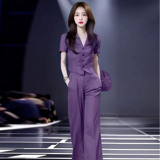 Xin yimei suit suit women's thin 2025 summer new style slim v-neck sleeveless top wide-leg pants two-piece set purple short-sleeved top + purple trousers (set) m 95-110jin jin equals 0.5 kg