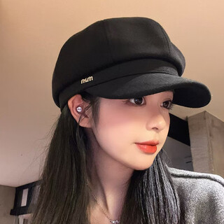 Wine style senior korean style autumn and winter women's beret women's octagonal big head circumference showing face small fashionable western style octagonal hat three-dimensional black