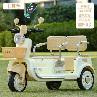 Feige children's electric double motorcycle can seat 2 adults, boys and girls, baby 1-8 years old tricycle remote control toy car khaki bluetooth remote control dual drive 12v4 music parent-child car ride together birthday gift