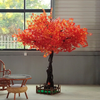 Simulated red maple tree, fake tree, maple leaf ceiling shape tree, customized hotel shopping mall landscape tree decoration, large red maple tree (extended shape) 2 meters high and 1.5 meters long