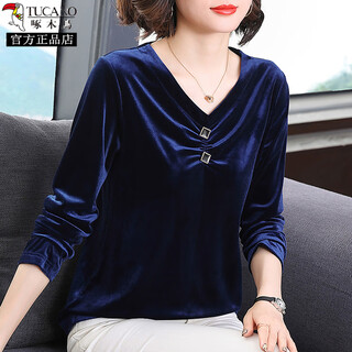 Woodpecker gold velvet bottoming shirt women's 2025 spring and autumn new fat mm western style mom long sleeve t-shirt with women's top royal blue xl recommended 120-130 jin jin equals 0.5 kg