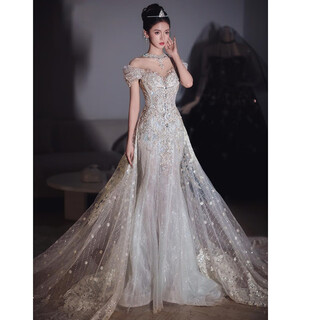 Wenmi wedding dress organza french one shoulder fishtail light 2025 new bride main veil for toasting and welcome wedding dress small trailing style with veil gloves 3xl weight 140jin jin is equal to about 0.5kg