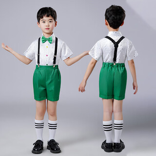 Children's performance clothes kindergarten sequined women's puffy gauze skirt primary school student chorus dance performance clothing overalls green boys overalls pants + bow tie + star shirt 110 cm ready in stock, quick delivery