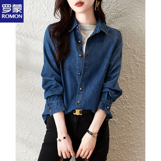 Romon retro polo collar long-sleeved denim shirt jacket for women spring and autumn 2025 summer new style high-end temperament slim dark denim color m