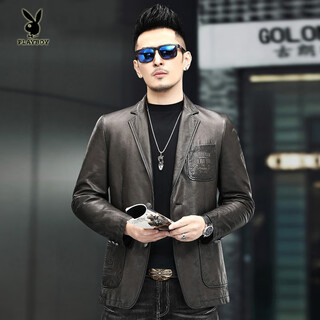 Playboy (playboy) 2025 new genuine leather textured leather jacket men's suit collar leather jacket korean style short handsome high-end casual jacket khaki l/115 130jin jin is equal to 0.5 kg