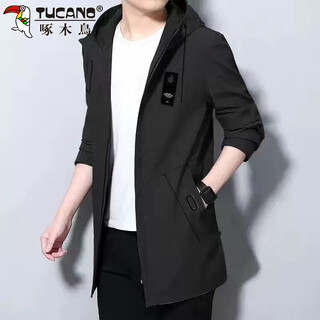 Woodpecker (tucano) coat men's autumn and winter casual loose mid-length windbreaker jacket men's hooded korean top black 3xl