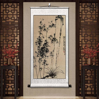 Book dance hall zheng banqiao bamboo hanging painting celebrity calligraphy calligraphy and painting ink chinese painting bamboo newspaper peaceful living room bedroom landscape decorative painting orchid and bamboo picture-zheng banqiao-vertical style-silver white style overall size width 50 cm height 100 cm (comes with hook)