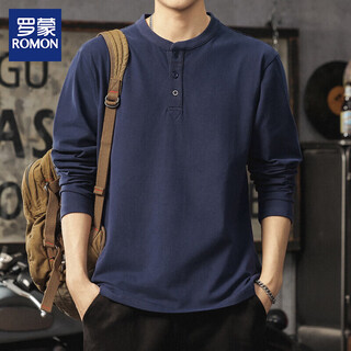 Luo meng spring and autumn pure cotton long-sleeved t-shirt for young men, stylish and handsome loose casual henry collar bottoming shirt trendy navy blue l 120-140jin jin is equal to 0.5 kg