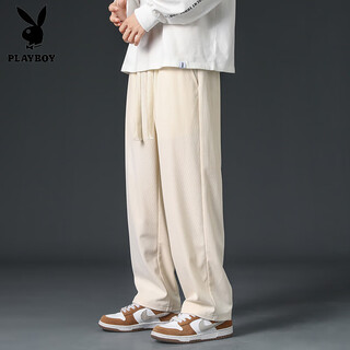 Playboy (playboy) corduroy casual trousers for men in autumn new loose straight sports pants men's autumn and winter thickened wide-leg pants apricot xl 140-155jin jin equals 0.5 kg