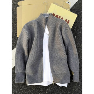 Katuzhi american cleanfit knitted cardigan sweater for men in spring and autumn loose lazy style high-end street stand-up collar jacket light gray l