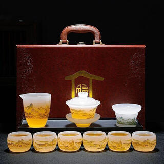 Fat dongdong lai supermarket qianli jiangshan glazed tea set light luxury white jade chinese-style household jade porcelain high-end simple qianli jiangshan glazed tea set gift box