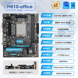 尔英B660系列电竞电脑主板 DIY游戏办公设计电脑配件DDR4 神光同步支持12 13 14代CPU黑白海景房DIY 黑色H610-Office-DDR4