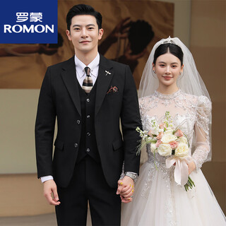 Romon groom wedding suit men's suit men's three-piece slim business casual formal groomsman dress new product black three-piece top + pants + vest + shirt xl 52120-135jin jin equals 0.5 kg wear