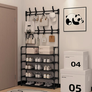 Xinwujia multifunctional shoe rack, clothes and hat integrated household entry door storage rental layer simple, strong and durable black four layers long 60 damage compensation guaranteed