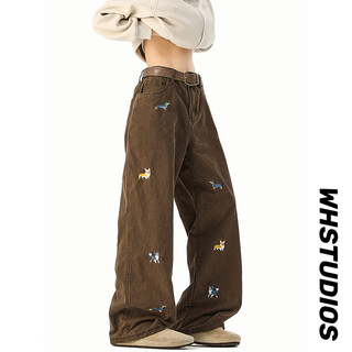 Qgf barn style dachshund dog embroidered cargo pants for women and men spring and autumn trendy american retro heavyweight cotton scimitar pants brown m recommended 90-110jin jin is equal to 0.5 kg