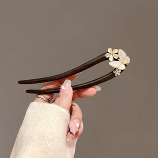 Meng junchen black sandalwood hairpin u-shaped shell ginkgo leaf double-sided hairpin ancient style modern simple daily hairpin headdress butterfly flower double hairpin - sandalwood