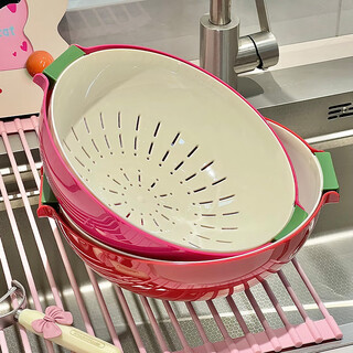 Hampoco dopamine drain basket double-layer vegetable washing kitchen household plastic fruit multi-functional round vegetable basket thickened storage 1 piece peach powder double layer two-color dopamine drain basket
