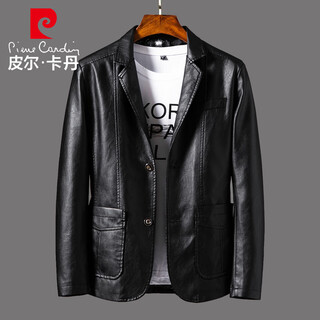 Pierre cardin jacket men's spring and autumn fashion versatile suit collar leather jacket outdoor business casual top black 3xl
