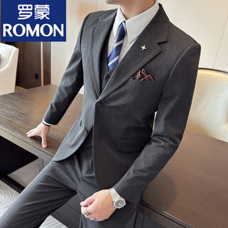 Romon british business slim suit men's commuter casual school suit professional wear formal groom's dress three-piece suit dark gray suit + trousers 4xl