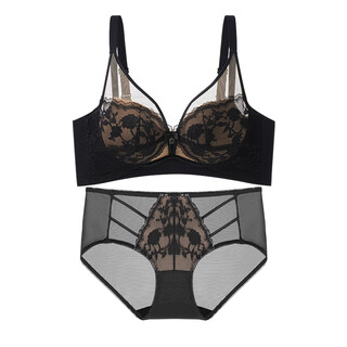 Aimu autumn and summer brand underwear women's push up small breasts without wire rings to retract secondary breasts and anti-sagging lace adjustable bra set thin black set 34/75b