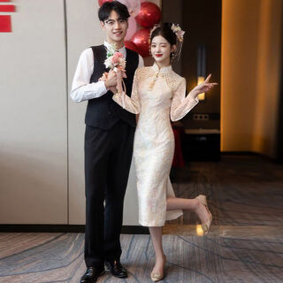 Yingwen chinese-style cheongsam toast dress short-sleeved summer can be worn in daily life champagne color bride wedding home engagement dress skirt women long-sleeved m