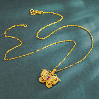 Yibiy filigree hollow ruby butterfly pendant vietnamese sand gold butterfly necklace gold butterfly pendant clavicle chain women's accessories ruby butterfly pendant + o necklace