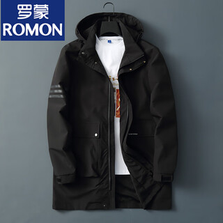 Romon spring and autumn new plus size plus size medium-length cotton jacket men's velvet workwear windbreaker long cotton jacket black removable hood spring and autumn style (about 10 degrees) xl 125jin jin is equal to about 0.5 kg