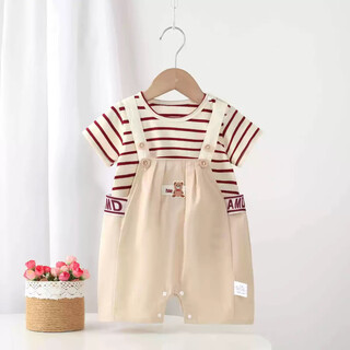 Infants and young children's summer thin style simple split short-sleeved overalls set for boys and girls, two-piece set of solid color outing clothes, workwear style short crawl khaki 80cm