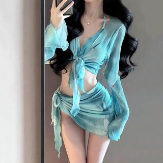 Jin jin is equal to 0.5 kg. mu bikini bikini split swimsuit for women 2025 new pure desire seaside fake wind hot spring sexy swimsuit bikini 4-piece set, lake blue, one size fits all 75-125 jin jin is equal to 0.5 kg