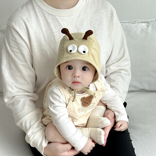 Baby ear protection hat for spring and autumn, funny small eyes, newborn baby's fontanelle head cap, travel windproof baby hat, funny bee-khaki color, reference 2-18 months/hat circumference 36-45cm