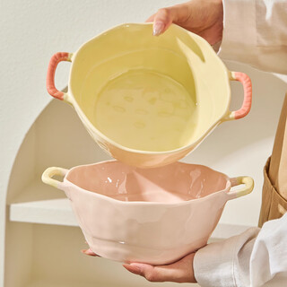 Persson double-eared soup bowl home 2025 new instant noodle bowl high-looking large bowl creamy noodle soup bowl ceramic snail noodle bowl 9.5-inch double-eared bowl pink + milk yellow