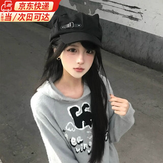 Lu shanwu cat ear peaked cap two-dimensional subculture house style cute leather buckle 2025 new beret cap cat ear peaked cap black one size