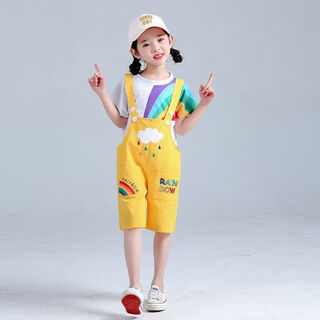 Jie pingya children's overalls kindergarten cheerleading team male and female performance chorus summer graduation short-sleeved suit performance clothes yellow top + overalls 160