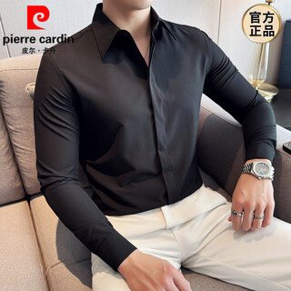 皮尔卡丹（pierre cardin）大尖领暗扣衬衫男长袖商务休闲百搭潮流修身帅气高端英伦质感衬衣 黑色 M (100-120斤)