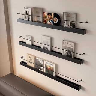 Shitingju german quality wall-mounted bookshelf nordic iron bookshelf one-word living room wall-mounted panel wall simple wall creative decoration 3 layers (length 120*width 6*height 5) 252 black with rod