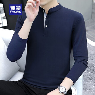 Romon men's long-sleeved t-shirt autumn and winter trendy versatile simple high-end inner solid color stand-up collar pure cotton t-shirt blue xl
