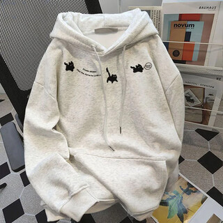 Su yu 100% pure cotton fabric american retro oversize printed hooded couple thickened pullover sweatshirt for men and women autumn and winter hooded - floral gray plus velvet l recommended 110-125 jin jin equals 0.5 kg