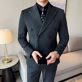 Lilang suit men's wedding striped groom's formal dress double-breasted british style casual slim three-piece suit dark gray l