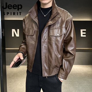 Jeep spirit jeep haining motorcycle leather jacket business casual lapel new trendy handsome slim men's leather jacket short outer brown 4xl recommended 170-190jin jin equals 0.5 kg