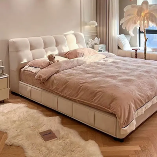 Zun xiaojiang french cream style puff bed modern simple master bedroom double bed 1.8*2 meter storage cat-proof fleece fabric bed bed + tencel cloth skin-friendly anti-mite independent bag spring mattress 1.8*2 meter air pressure + drawer upgraded steel wood bed board
