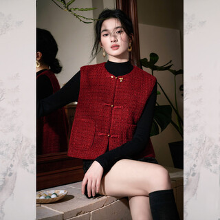 Jk&js2025 autumn and winter wool small fragrant style thickened vest new chinese style tang suit plate buckle vest burgundy m