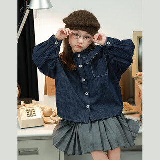 Utouto big ear elephant girls hairy lapel denim top 2025 autumn new style baoer versatile long sleeve top denim blue 100