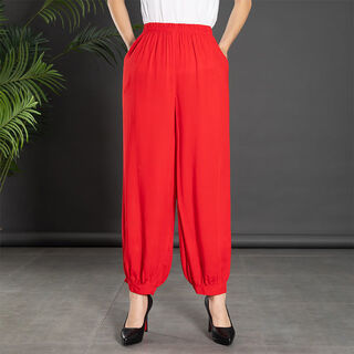 Miyi middle-aged and elderly casual anti-mosquito pants summer cotton silk bloomers solid color plus fat large size square dance pants mother's feet red 5xl 165-200jin jin equals 0.5 kg