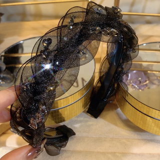 Hairband light luxury headband hairpin headwear women's high-end 2025 new face wash special hair accessories broken hair organizing artifact high-end black mesh rhinestone twist hairband with tooth